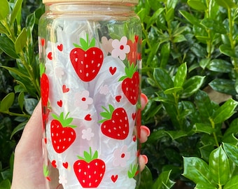 Strawberry Glass Cup, Fruit Glass mug , 16oz Libby Glass Can, Strawberries,  Strawberry Coffee Cup, Fruit Glass Coffee, Summer Fruit