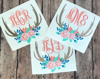 monogrammed deer antlers decal, monogram floral antlers decal, flowers antlers, deer flowers decal, floral deer decal, deer yeti decal.