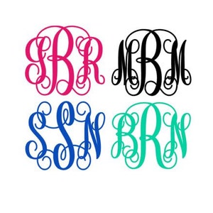 May include: Four monogram designs with a script font. The monograms are in pink, black, blue, and turquoise.