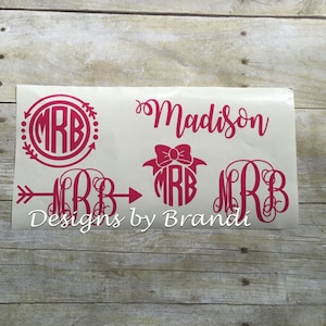 Monogram sample pack, girly monogram sample sheet, 5 monograms, personalized decals, monogram decals, monogram laptop decals