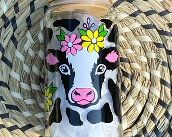 Daisy Cow Glass Cup, Cow Glass Can, 16oz Libby Glass Can, Flower Cow, Cow Print Coffee Glass Can