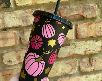 Pink Pumpkin Cold Cup, In October we wear pink, Pink Pumpkin, Fall Pumpkin Tumbler, Pink for October