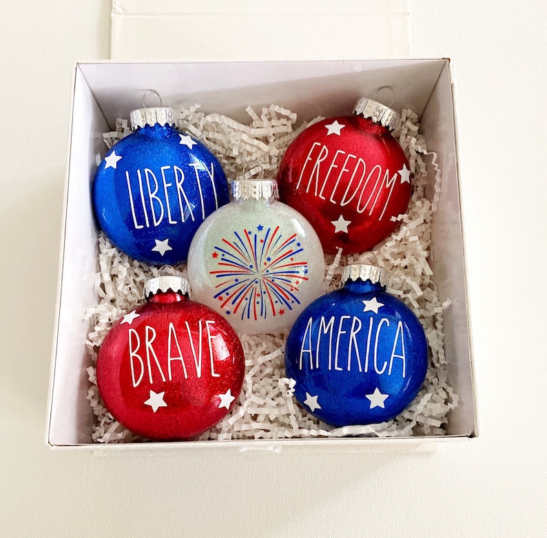 Rae Dunn Inspired Patriotic Ornaments Set of 5 / Patriotic tree / Patriotic decor / Americana decor image 1