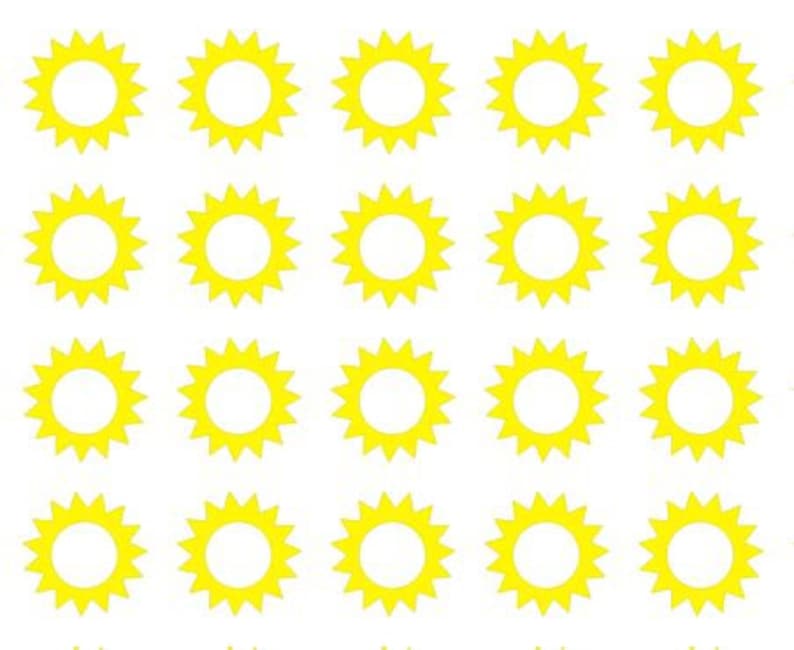 K&ouml;nnte beinhalten: Ein Bogen mit 24 gelben Stern-Aufklebern mit wei&szlig;em Zentrum. Die Sterne sind in vier Reihen mit jeweils sechs Sternen angeordnet.