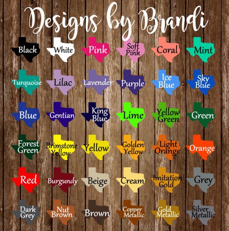 May include: A color chart featuring the text "Designs by Brandi" and various color swatches in the shape of the state of Texas. Colors include black, white, pink, coral, mint, and more, against a wood grain background.
