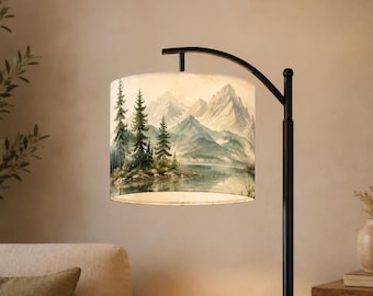 Mountain Lake Arc Floor Lamp Forest Lamp Watercolor Landscape Lighting Mountain Home Decor Organic  Reading Nook Cabin Dimmable LED Lamp