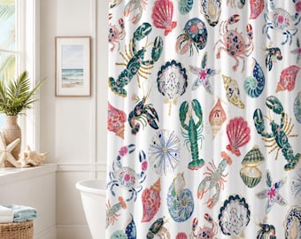 Preppy Coastal Shower Curtain Beach Elements Lobster Crab Shell Bath Decor Beach House Shower Watercolor Summer Beach Sea Life Chic Seaside