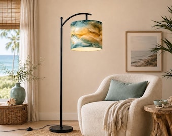 Coastal Arc Floor Lamp Blue Gold Marble Standing Light Ocean Inspired Floor Lamp Organic Modern Living Room Decor Beach House Reading Lamp