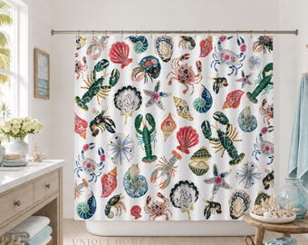 Colorful Sea Life Shower Curtain Watercolor Lobster Crab Shell Nautical Bathroom Decor Ocean Beach House Bath Curtain Shell Beach Bath Decor