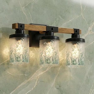 Modern Bathroom Vanitylight with a Vanity Light Fixture design including a 3 Light Wood Vanity Light, perfect for enhancing a Rustic Vanity with Colored Sconce lighting and Metal Glass details for a clean Luxury look.