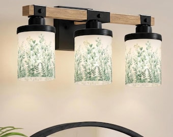 Bathroom Vanity Light Fixture 3 Light Black Wood Farmhouse Wall Light Over Mirror Bathroom Lighting Botanical Glass Shade