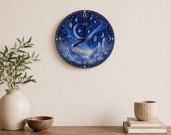 Celestial Wall Clock Sun Moon Astrology Blue Moon Star Clock Crystal Winter Decor Lunar Wall Clock Mystical Icy Blue Gold Clock Tarot Design