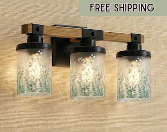 3 Light Vanity Fixture Wood Metal Vanity Light with Frosted Botanical Glass Shades Rustic Farmhouse Sconce Wall Mount Bathroom Light Sage