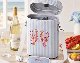 Personalized Double Wine Carrier Wine Cooler Bag Blue White Stripe Beach House Hostess Gift for Wine Lover Coastal Lobster Gift Lobster Boil