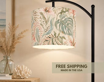 Modern Arc Floor Lamp Organic Modern Lighting Coastal Statement Lamp Tropical Floral Shade Soft Tones Beach Lighting Fixture Made in USA