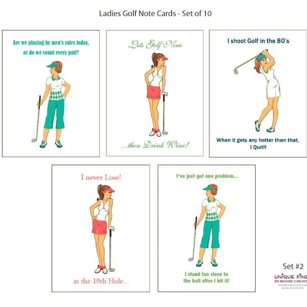 Golf Note Cards, FREE SHIPPING, Golf Thank You Notes, Blank Note Card Set, Funny Ladies Golf Theme Cards, Unique -Set of 10