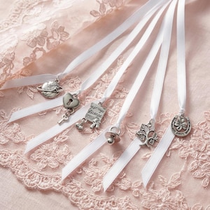 May include: White satin ribbons with silver charms, including a globe, heart with key, marriage license, pacifier, tree of life, and horseshoe with a four-leaf clover. The ribbons are arranged on a pink lace background.