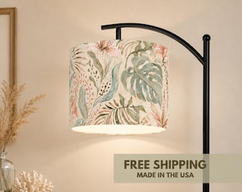 Modern Arc Floor Lamp Organic Modern Lighting Coastal Statement Lamp Tropical Floral Shade Soft Tones Beach Lighting Fixture Made in USA