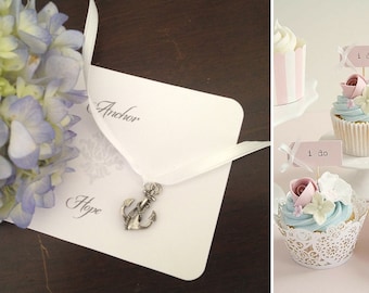 Wedding Cake Charms Set of 12 with Custom Meanings and Custom Ribbon Colors attached to white ribbon for Cake Pulls at Bridesmaid Luncheon