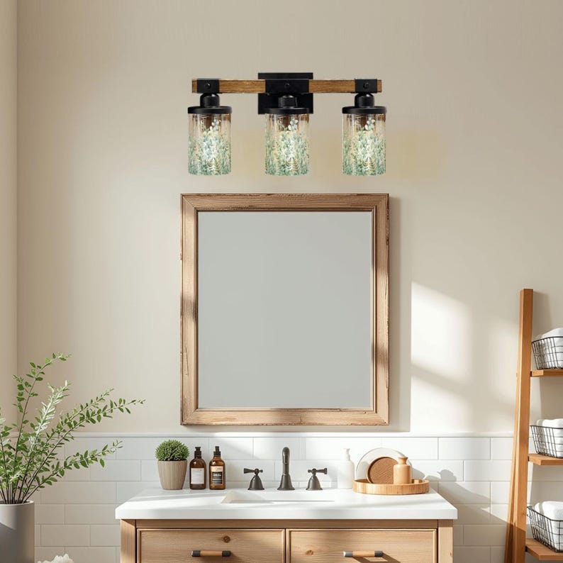 Stylish Bathroom Vanitylight featuring a Vanity Light Fixture with 3 Light Wood Vanity Light elements, ideal for a Rustic Vanity setup with Colored Sconce design and Modern Vanity Wall Light appeal using Metal Glass materials.