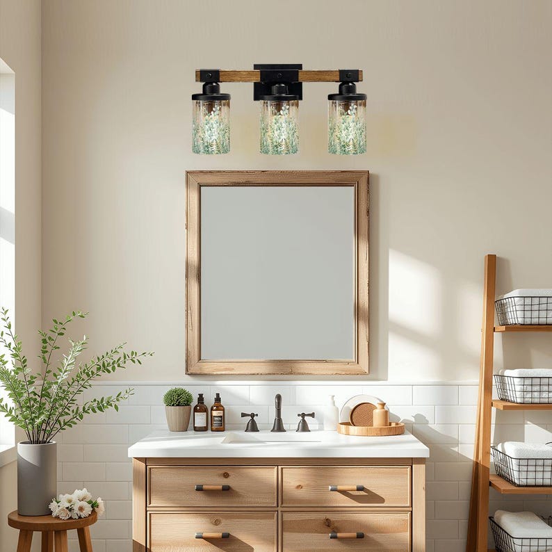 Luxury Bathroom Vanitylight featuring a Vanity Light Fixture with 3 Light Wood Vanity Light design, combining Rustic Vanity charm with a Modern Vanity Wall Light feel and Colored Sconce lighting using Metal Glass.