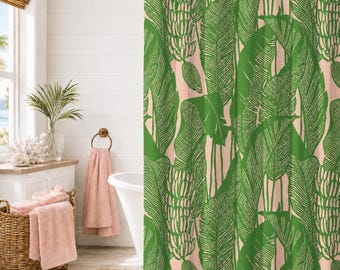 Botanicals Curtain Tropical Banana Leaf Decor Shower Curtain Waterproof Fabric Pink Green Botanical Bath Decor Jungle Leaf Floral Monstera