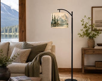 Lake House Floor Lamp Pine Tree Lake Lighting Scenic Arc Lamp Nature Inspired Living Room Dimmable Standing Light Mountain Forest Cozy Light