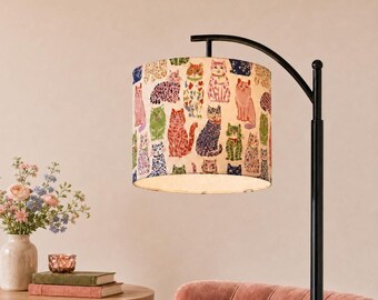 Statement Floor Lamp Colorful Cat Lamp Whimsical Kitty Print Shade Cat Lover Gift Arc Lamp Cute Reading Nook Lighting Fancy Cat Breeder
