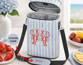 Personalized Lobster Stripe Double Wine Carrier Bag Coastal Beach House Hostess Gift Wine Lover Lobster Boil Hostess Gift Housewarming Gifts
