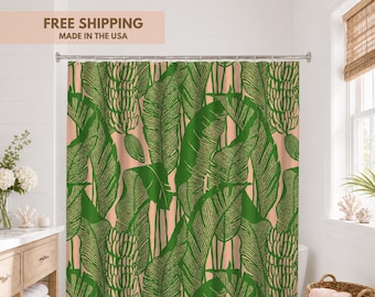 Tropical Banana Leaf Shower Curtain Pink Green Botanical Bathroom Decor Jungle Leaf Monstera Waterproof Fabric Coastal Bath Designer Baths