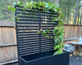 Black Mid Century Modern Planter with included Trellis, Six Foot High Privacy Planter, Room Divider, Ipe Brazilian Hardwood, Slatted Wall.