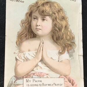 Antique Victorian Trade Card Standard Screw Fastened Shoes 1800's Sweet Girl Praying Free Shipping
