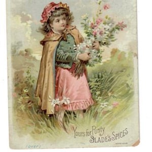 Antique 1890's Slades Spices Advertising Card Girl with Bouquet Free Shipping