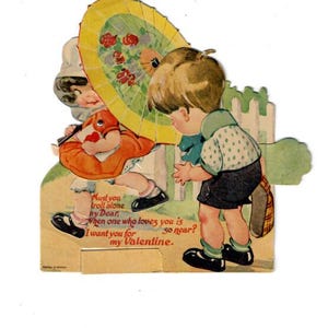 Antique Victorian German Die Cut Valentine Girl With the Umbrella and Sweet Little Boy  Free Shipping