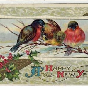 Antique Victorian Post Card (Unused) Three Little Birds 1900's A Happy New Year. Free Shipping