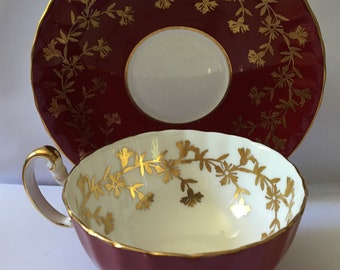 Vintage Aynsley Footed Tea Cup and Saucer * Burgundy and Gold FREE SHIPPING