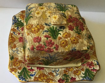 Vintage Royal Winton Covered Butter Dish * Marguerite Grimwades Pattern Free Shipping