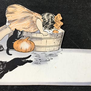Antique Victorian Trade Card Little Girl with Wash Basin and Her Black Cats 1800's Free Shipping