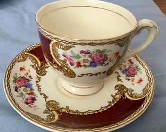 Vintage Royal Crown Staffordshire * Gorgeous Burgundy and Gold Cup And Saucer