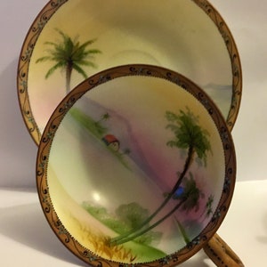 Vintage Nippon Hand Painted Pedestal Footed Tea Cup and Saucer 1920&#39;s Free Shipping