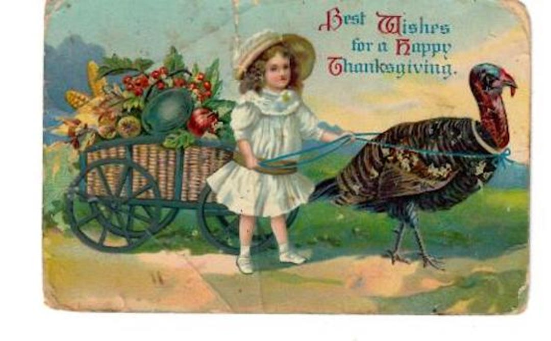 Antique Thanksgiving Postcard: Victorian Lithograph, Girl With Turkey ...
