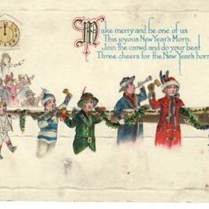 Antique Victorian Post Card Happy New Year 1900's People Blowing New Years Horn Free Shipping