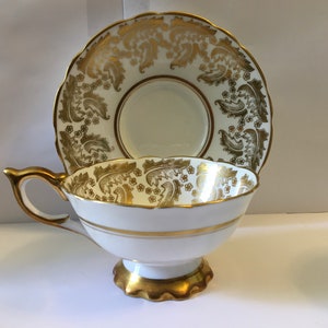Vintage Royal Stafford Gold on White Rg# 8410 Fine Bone China Tea Cup & Saucer * FREE SHIPPING