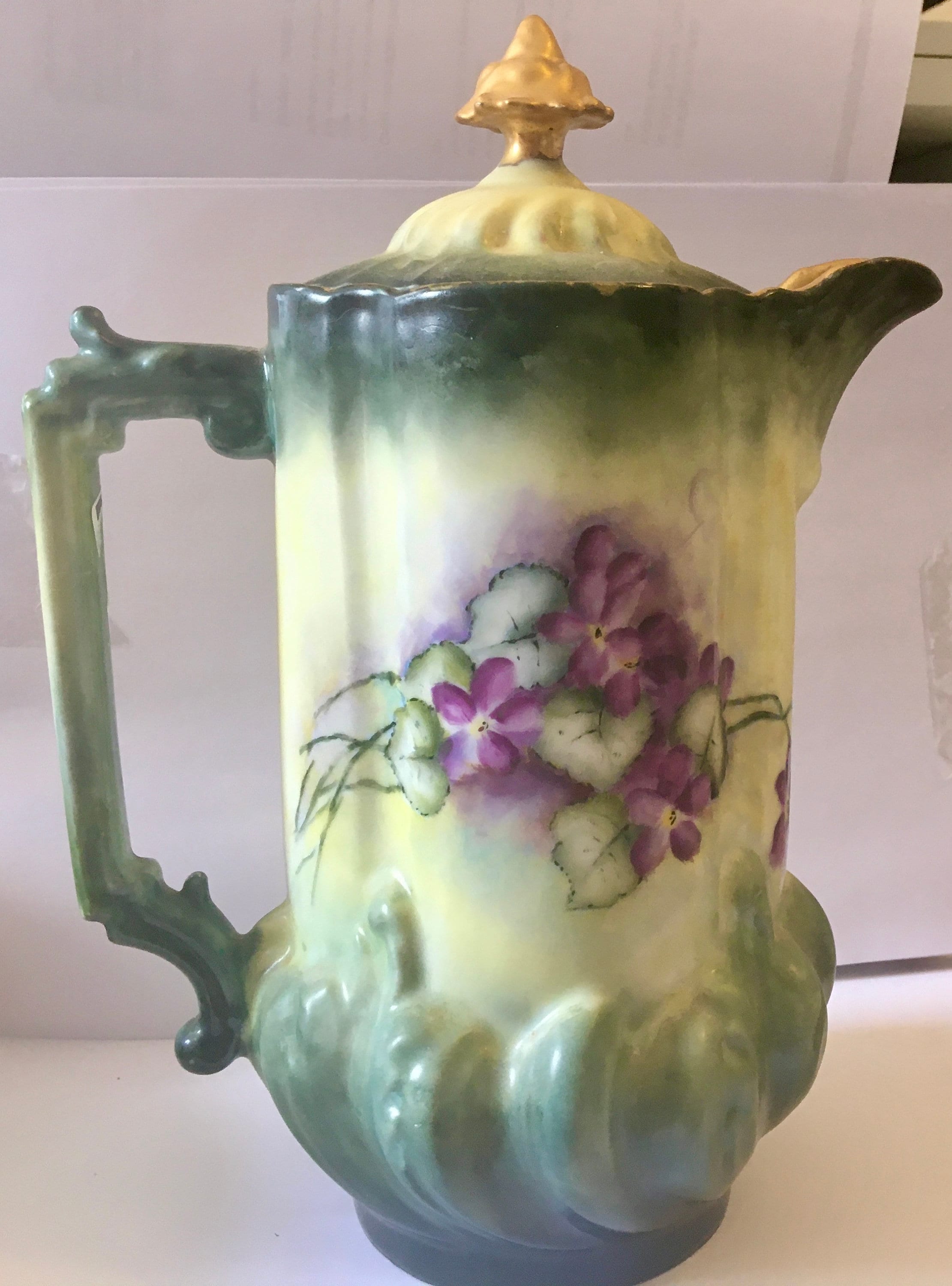 Antique Limoges France Lidded Hand Painted Chocolate Pot / Pitcher 9.5" Tall by 8" Wide Free Shipping