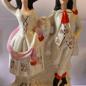 Antique Rare Large 12&quot; Staffordshire Flat back Figurine  1800&#39;s * Fancy Couple with Hat  * Free Shipping