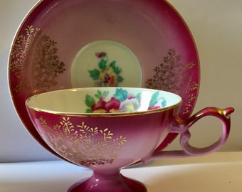 Vintage Gorgeous Burgundy Pedestal Castle China Tea Cup and Saucer Florals 1960's Free Shipping