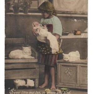 Antique Victorian Post Card Girl with Doll and Her Cats 1900's Free Shipping