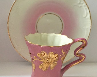 Antique Demitasse Chocolate / Expresso Cup and Saucer 1800&#39;s Gold, Pink and White Free Shipping