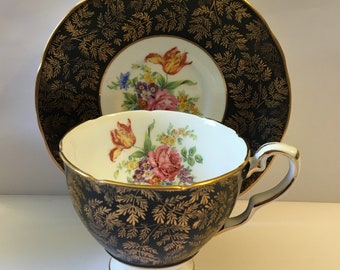 Vintage Royal Stafford Fine Bone China Footed Tea Cup & Saucer * Black, Gold, Florals * Free Shipping
