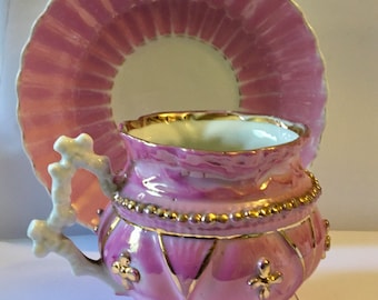 Antique Pink Luster Ware Left Handed Tea Cup and Saucer 1800&#39;s Free Shipping